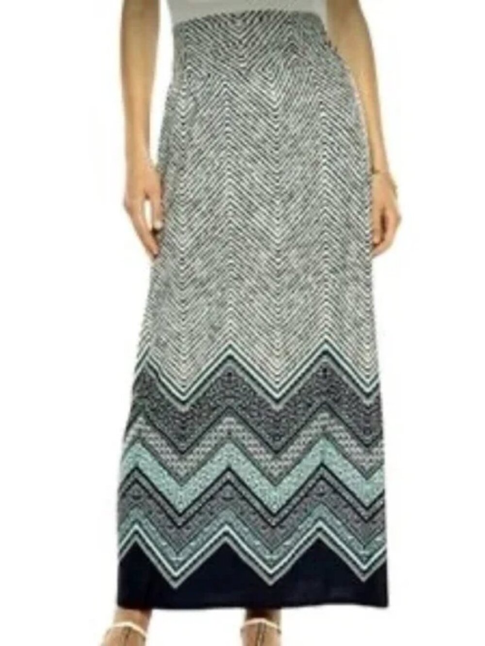Maxi Skirt Sz XL Pull On‎ Turquoise Gray ZigZag Design Stretch Straight Hem